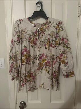 Johnny Was Floral Peasant Blouse in Cream, Pink & Yellow